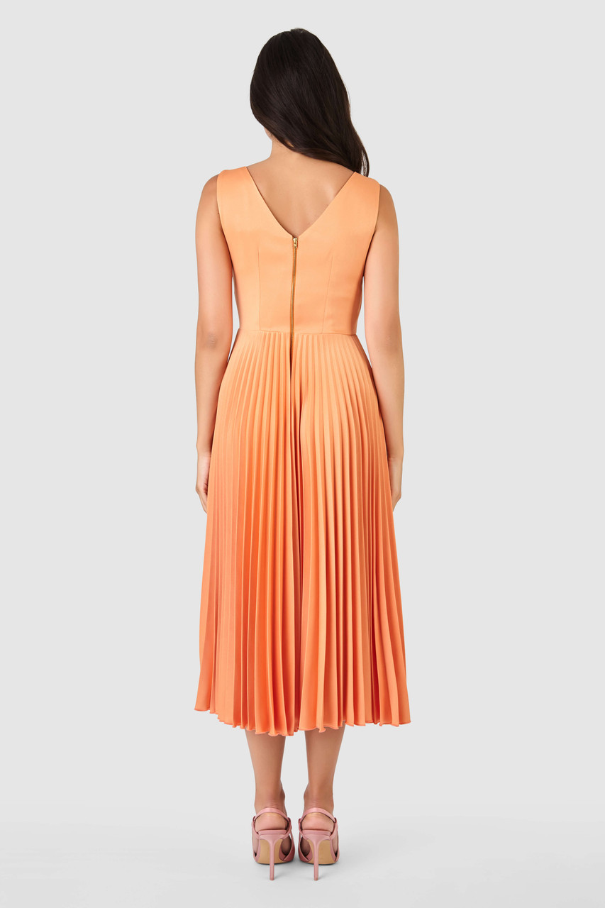 Peach Orange Pleated Midi Dress